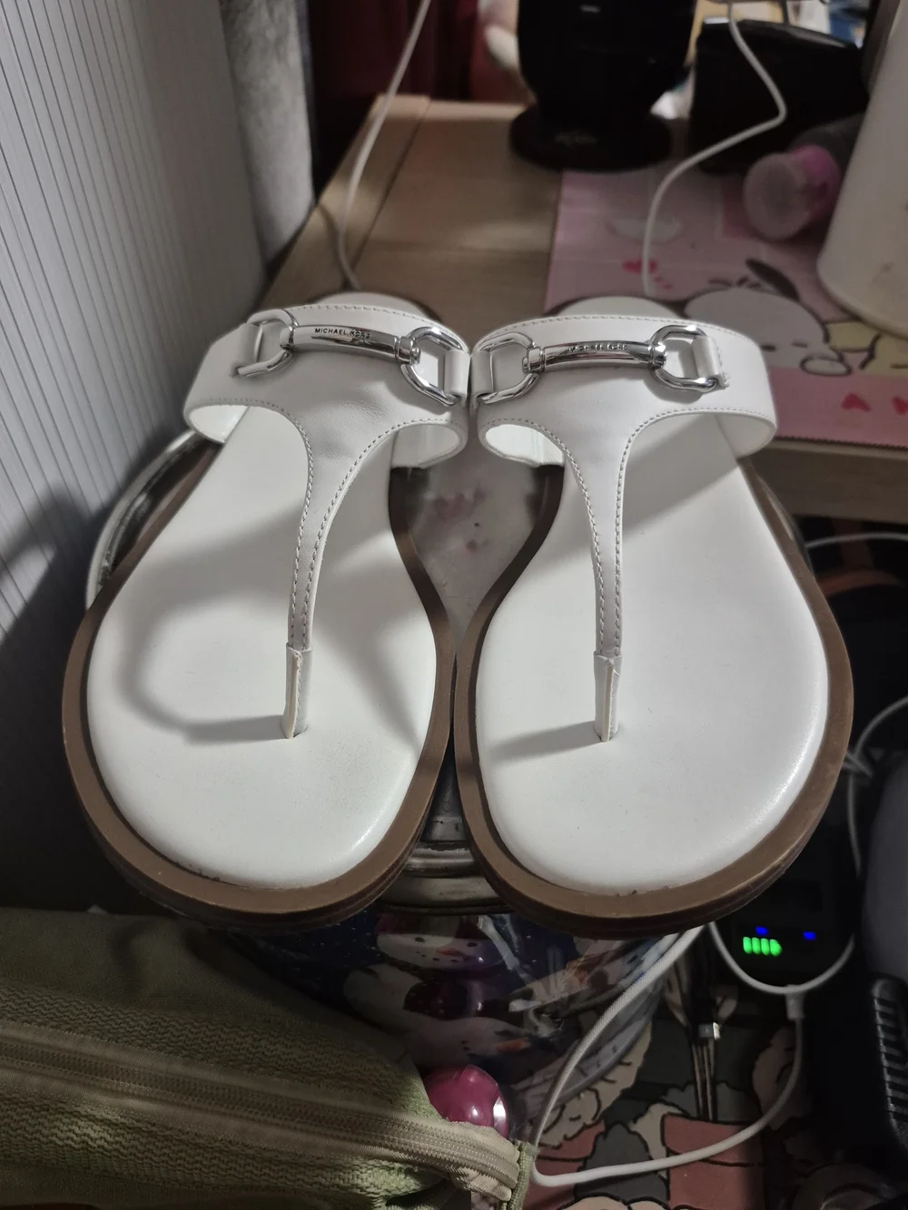 Michael Kors White Thong Sandals with Silver Hardware